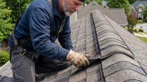 Close-up of architectural asphalt shingles on a Georgia home roof during an inspection