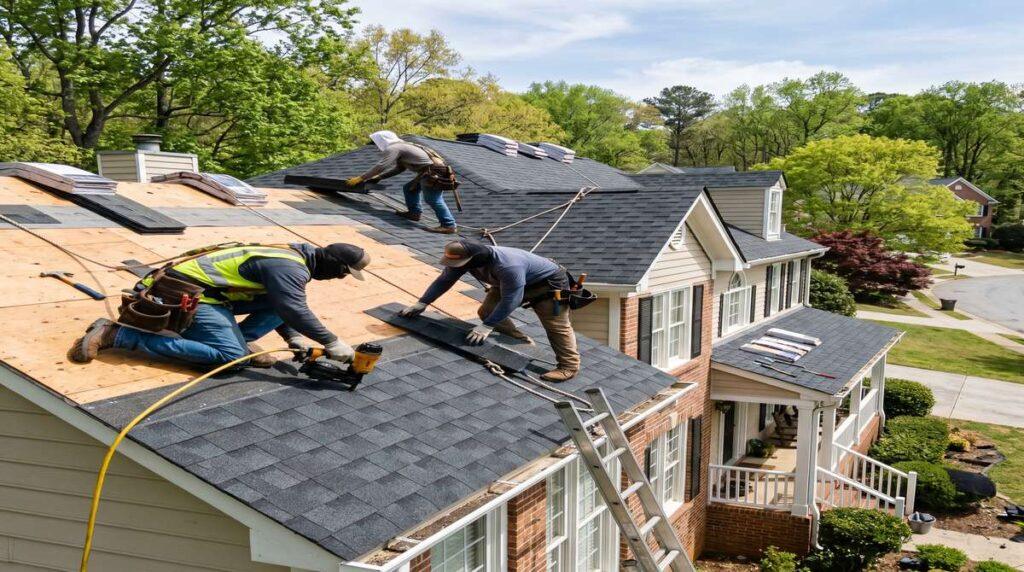 Roofing contractor installing architectural asphalt shingles on a suburban home in Marietta, GA