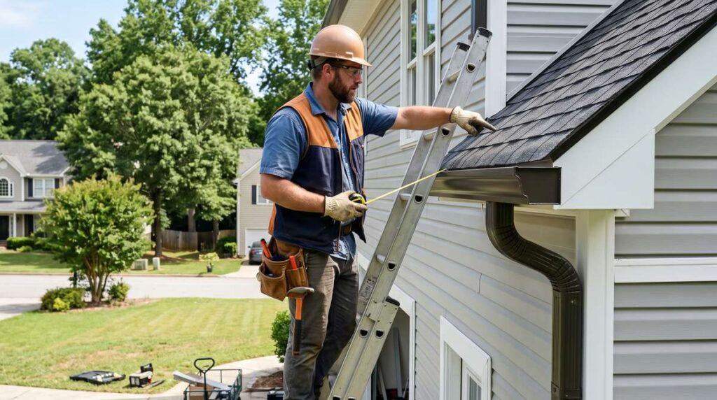 Contractor inspecting roof edge, siding, and gutters on a Canton GA home during an exterior renovation