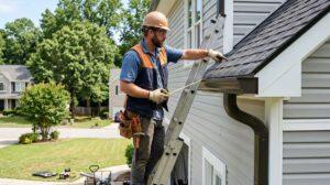 Contractor inspecting roof edge, siding, and gutters on a Canton GA home during an exterior renovation
