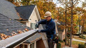 Installer fitting micro-mesh gutter guards on a two-story home in Roswell GA with trees nearby