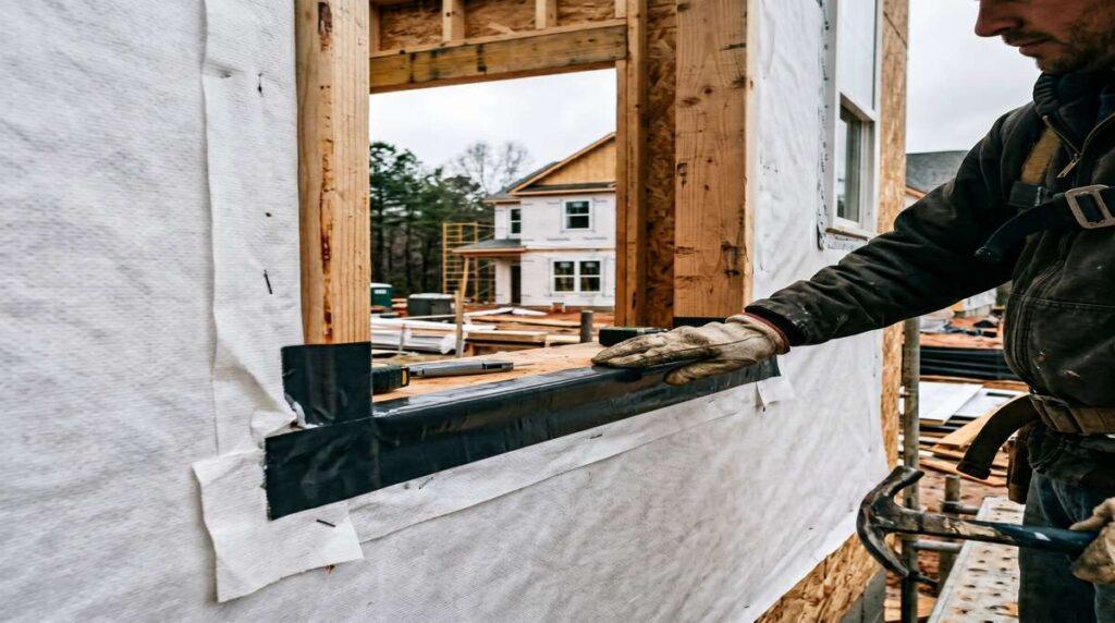 House wrap and flashing tape installation around a window opening