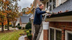 Homeowner cleaning leaves from aluminum gutters on a North Georgia suburban home