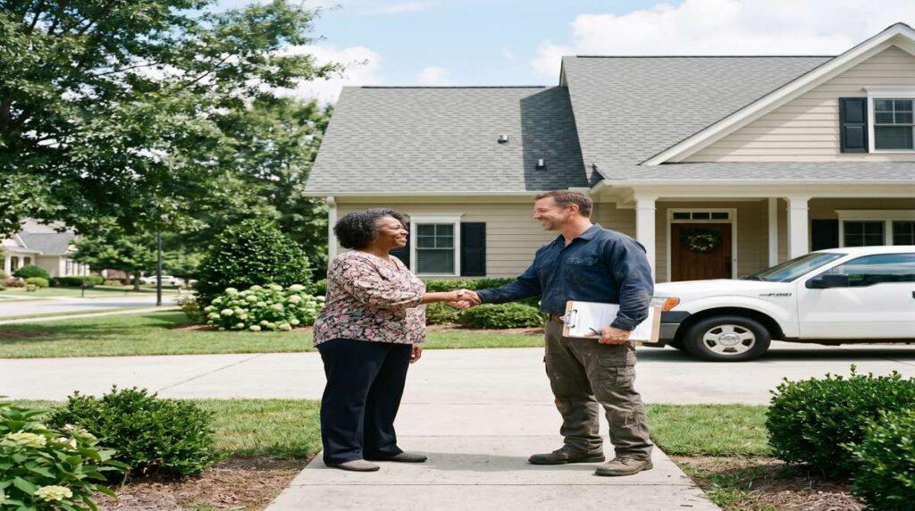 Roofing contractor meeting with homeowner in Alpharetta GA