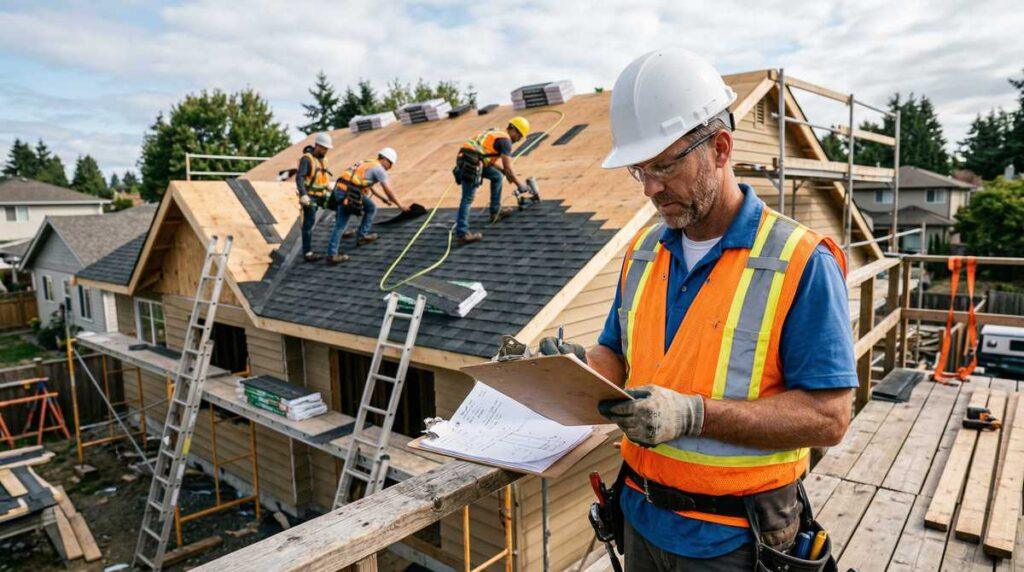 Licensed roofing contractor reviewing credentials and insurance documents at a job site in Roswell GA