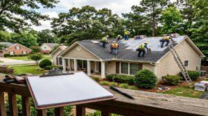 Building permit clipboard next to suburban Georgia home with workers installing new roof