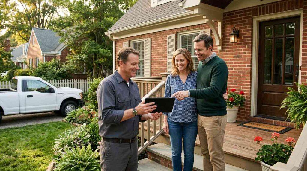 Homeowner couple meeting with a professional roofing contractor to discuss an estimate in Roswell GA