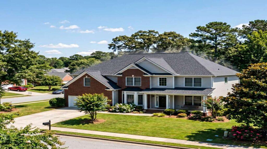 Roof ridge vent and soffit ventilation on a Georgia home in summer
