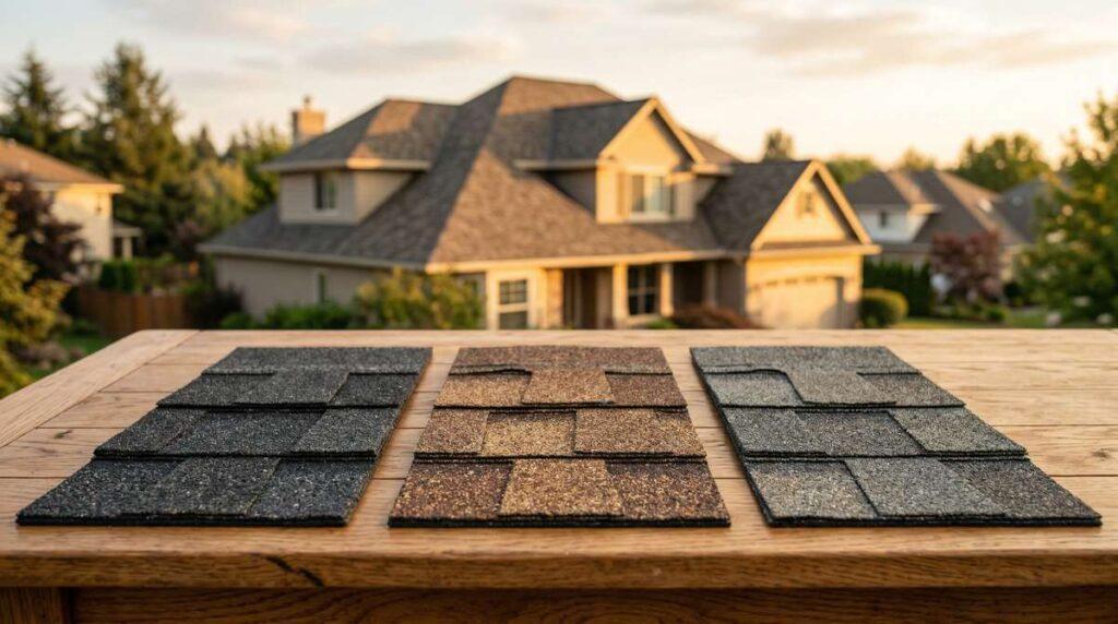 Three premium asphalt roofing shingle samples comparing GAF CertainTeed and Owens Corning manufacturer certifications