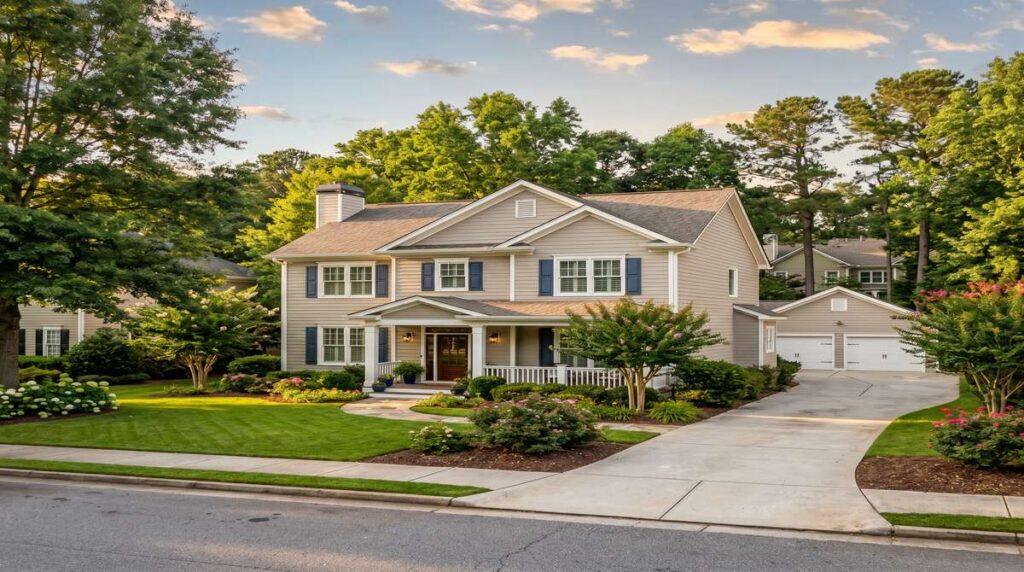 Modern suburban Georgia home with light colored fiber cement siding showing curb appeal and energy-efficient exterior