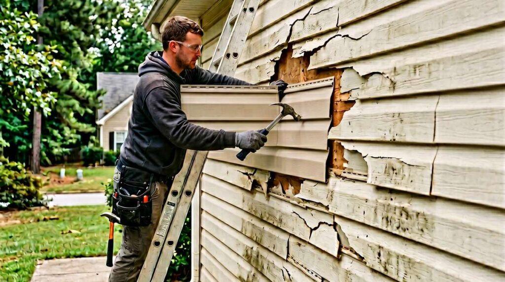 Roofer repairing storm-damaged vinyl siding on a suburban Kennesaw GA home, replacing cracked panels