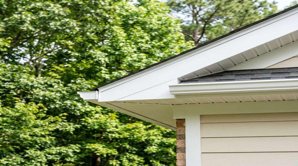 Newly installed white soffit and fascia on a Georgia suburban home with green trees in background