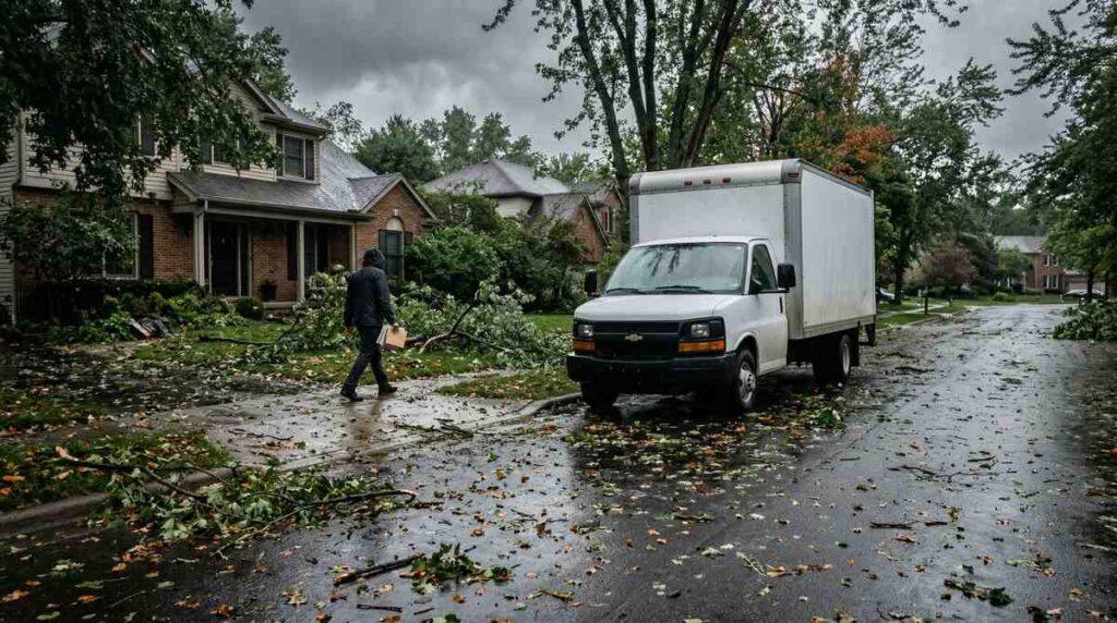 Unmarked truck in a residential neighborhood after severe weather warning about storm chaser roofers in Roswell GA