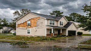 Storm damage to vinyl siding on a suburban Georgia home after severe weather
