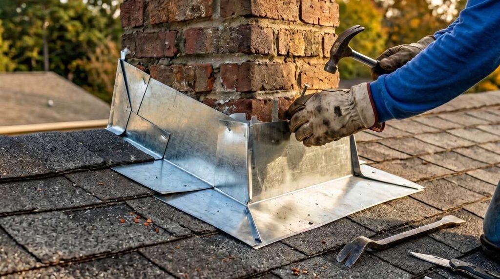 Roofer installing metal step flashing around a brick chimney on an asphalt shingle roof of a suburban Georgia home