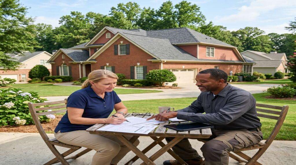 Homeowner reviewing a roof replacement quote on a clipboard in front of a Sandy Springs Georgia home