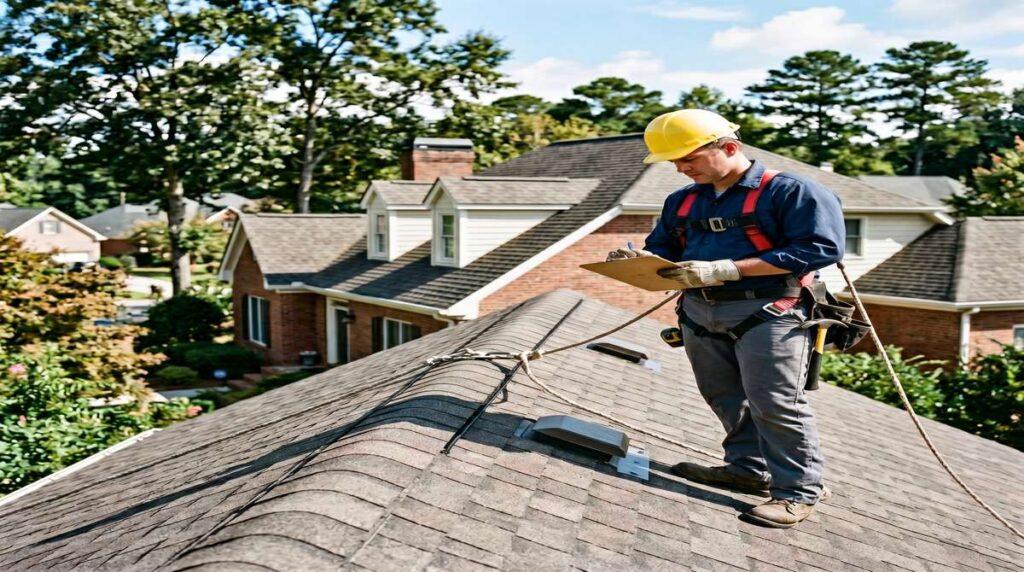 Roofing contractor inspecting asphalt shingle roof in Georgia