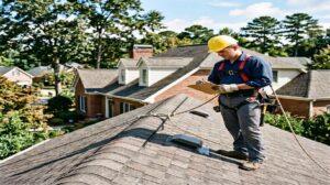 Roofing contractor inspecting asphalt shingle roof in Georgia