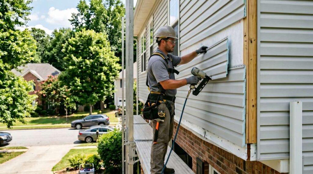 Contractor installing insulated siding panels on a suburban Roswell GA home
