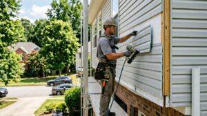 Contractor installing insulated siding panels on a suburban Roswell GA home