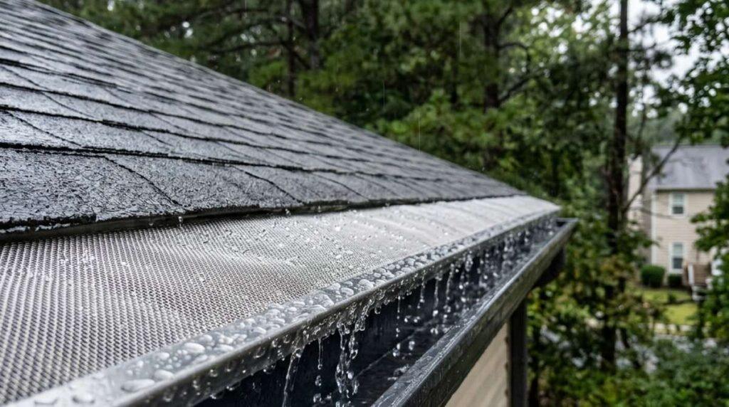 Micro-mesh gutter guard along a roof edge on a suburban Roswell GA home near pine trees