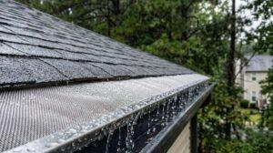 Micro-mesh gutter guard along a roof edge on a suburban Roswell GA home near pine trees