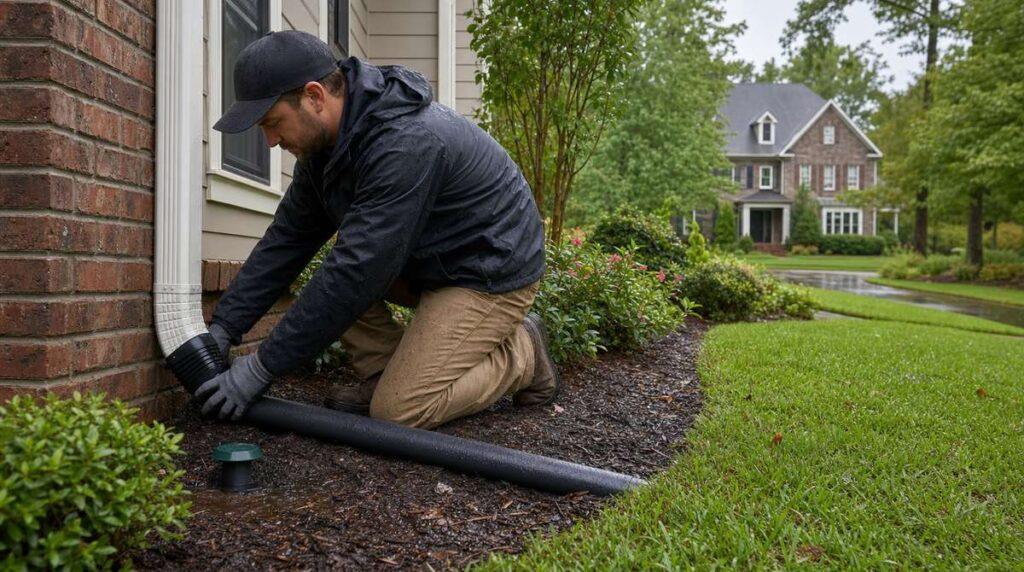 Downspout extension directing rainwater away from a suburban Alpharetta GA home foundation
