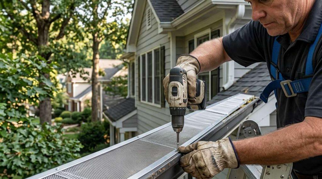 Technician installing micro-mesh gutter guards on a Roswell GA suburban home