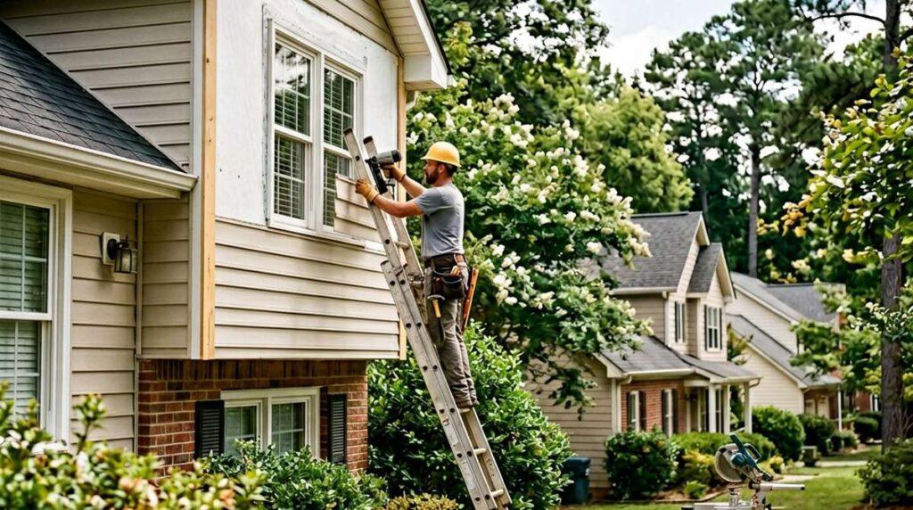 Contractor inspecting exterior siding during installation on a suburban Roswell GA home