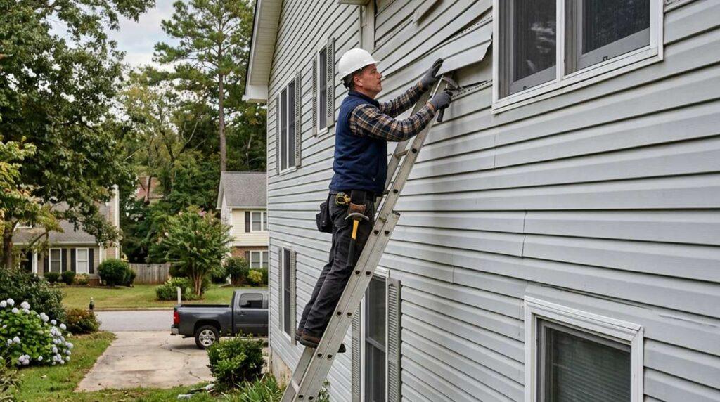 Contractor reattaching loose vinyl siding on a suburban Roswell GA home after high winds