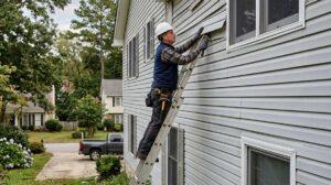Contractor reattaching loose vinyl siding on a suburban Roswell GA home after high winds