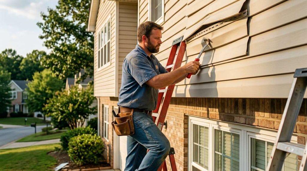 Contractor repairing warped vinyl siding on a suburban Marietta GA home
