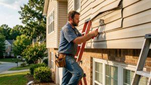 Contractor repairing warped vinyl siding on a suburban Marietta GA home