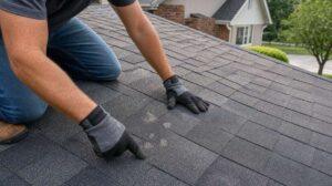 Contractor inspecting asphalt shingles for subtle hail damage on a suburban Alpharetta GA home