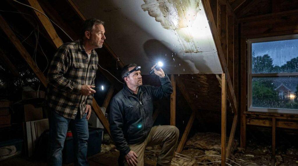 Contractor inspecting a roof leak in a Roswell GA attic with a homeowner