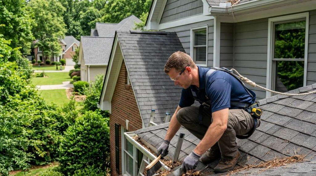 Contractor inspecting an asphalt shingle roof for summer maintenance in Roswell GA