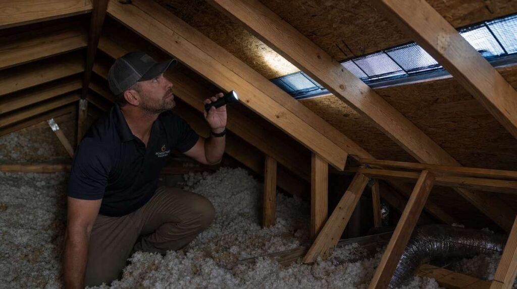 Contractor inspecting attic ventilation near a ridge vent in a Georgia home