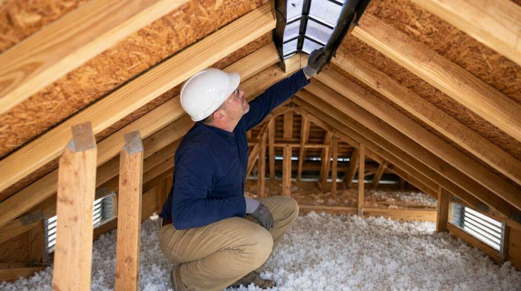 Contractor checking attic ventilation and ridge vent system on a Roswell GA home
