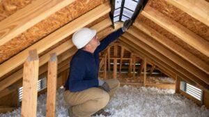 Contractor checking attic ventilation and ridge vent system on a Roswell GA home