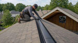 Contractor installing a ridge vent on an asphalt shingle roof for improved attic ventilation in Roswell GA
