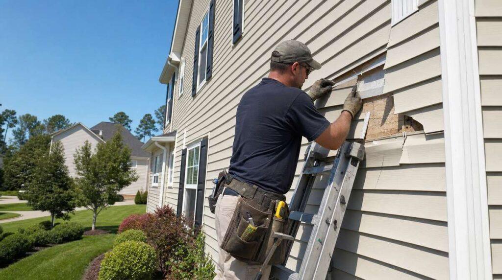 Contractor repairing storm-damaged vinyl siding on a suburban Kennesaw GA home