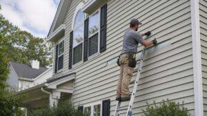 Contractor reattaching loose vinyl siding panels after wind damage in Woodstock GA