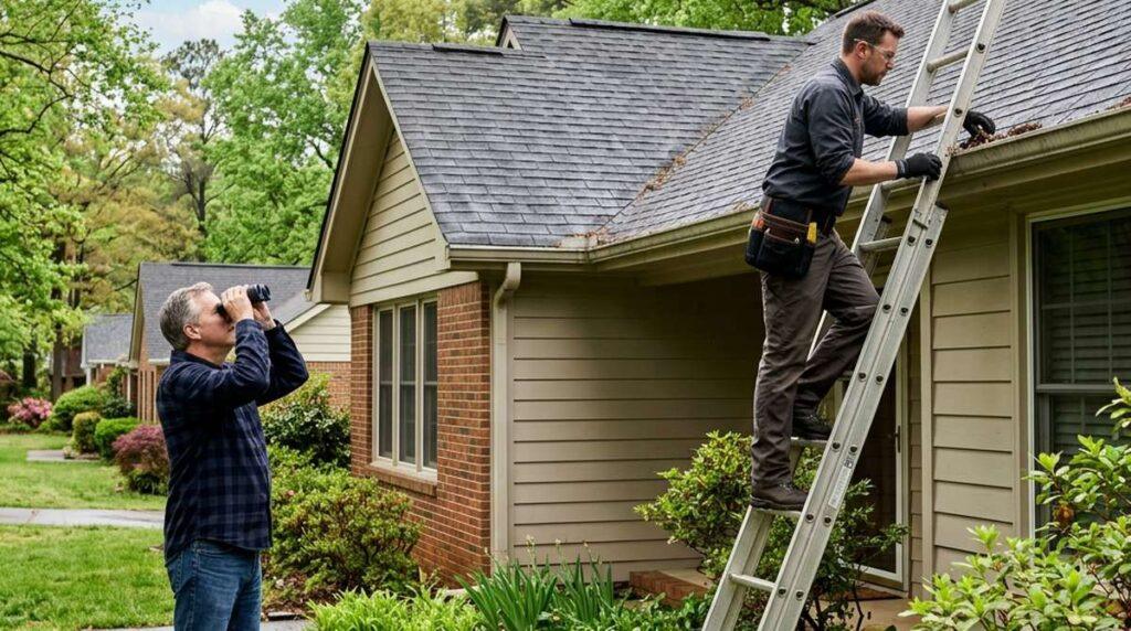 Homeowner and roofer inspecting an asphalt shingle roof and gutters in Roswell GA during spring maintenance