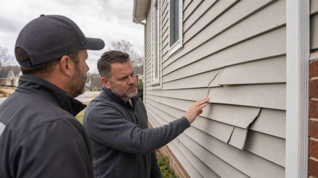 Homeowner and contractor inspecting storm-damaged vinyl siding on a Roswell GA house