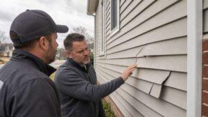 Homeowner and contractor inspecting storm-damaged vinyl siding on a Roswell GA house