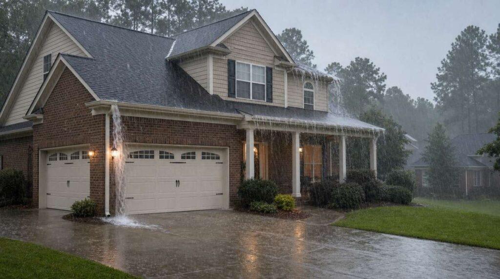 Overflowing rain gutters on a suburban Roswell GA home during a heavy storm