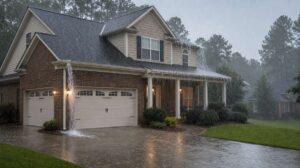 Overflowing rain gutters on a suburban Roswell GA home during a heavy storm